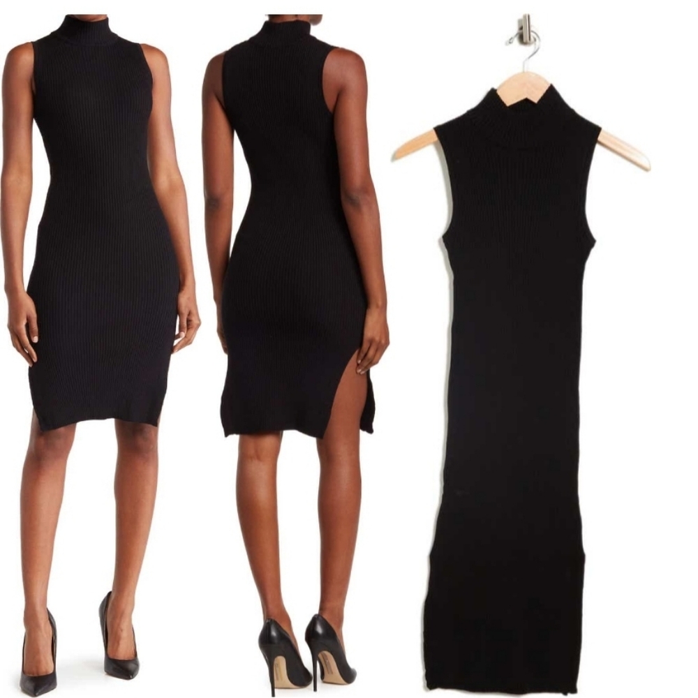 Magaschoni | Black Ribbed sleeveless Mockneck Dress